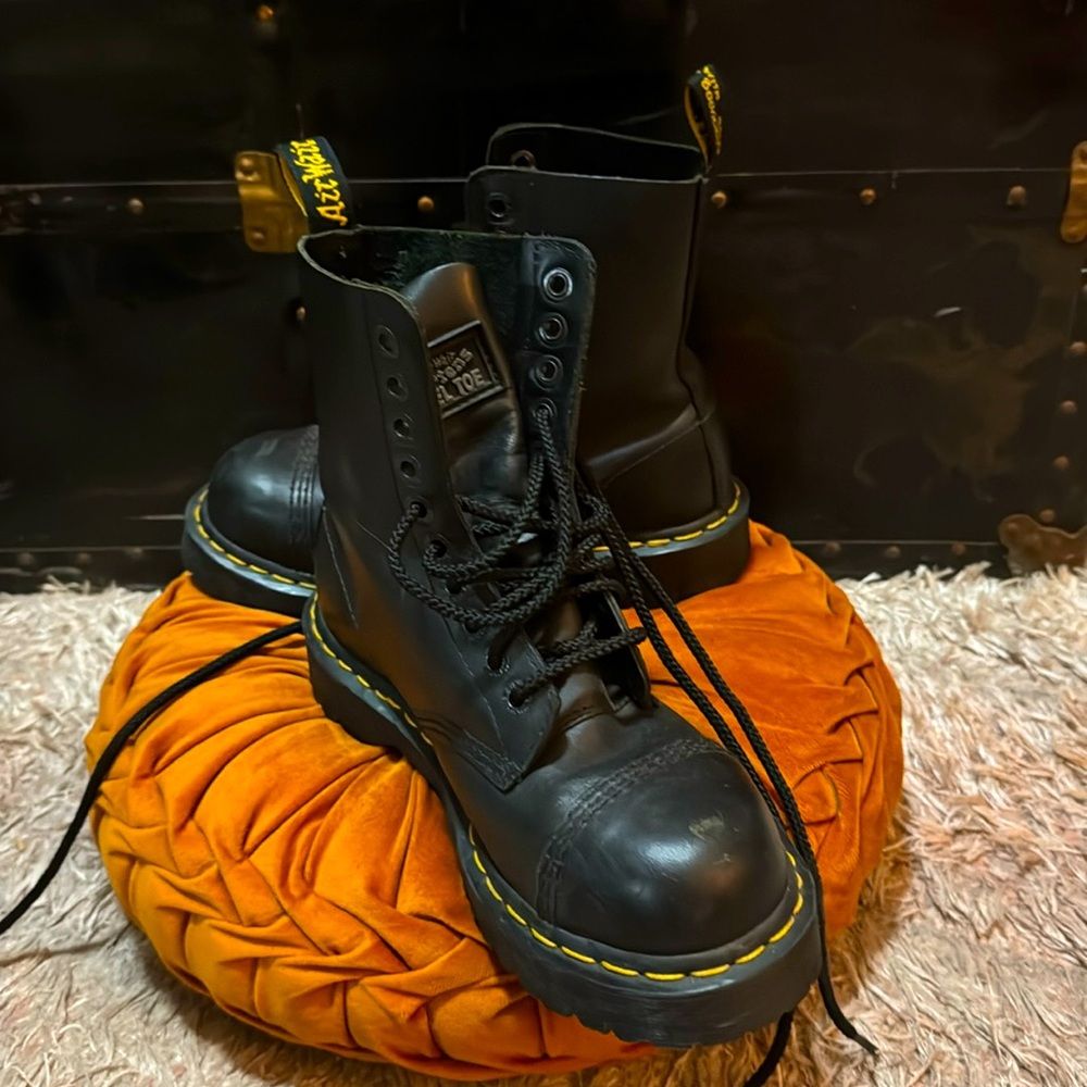 Dr. Martens Black Leather Boots with Yellow Stitching Steel Toe